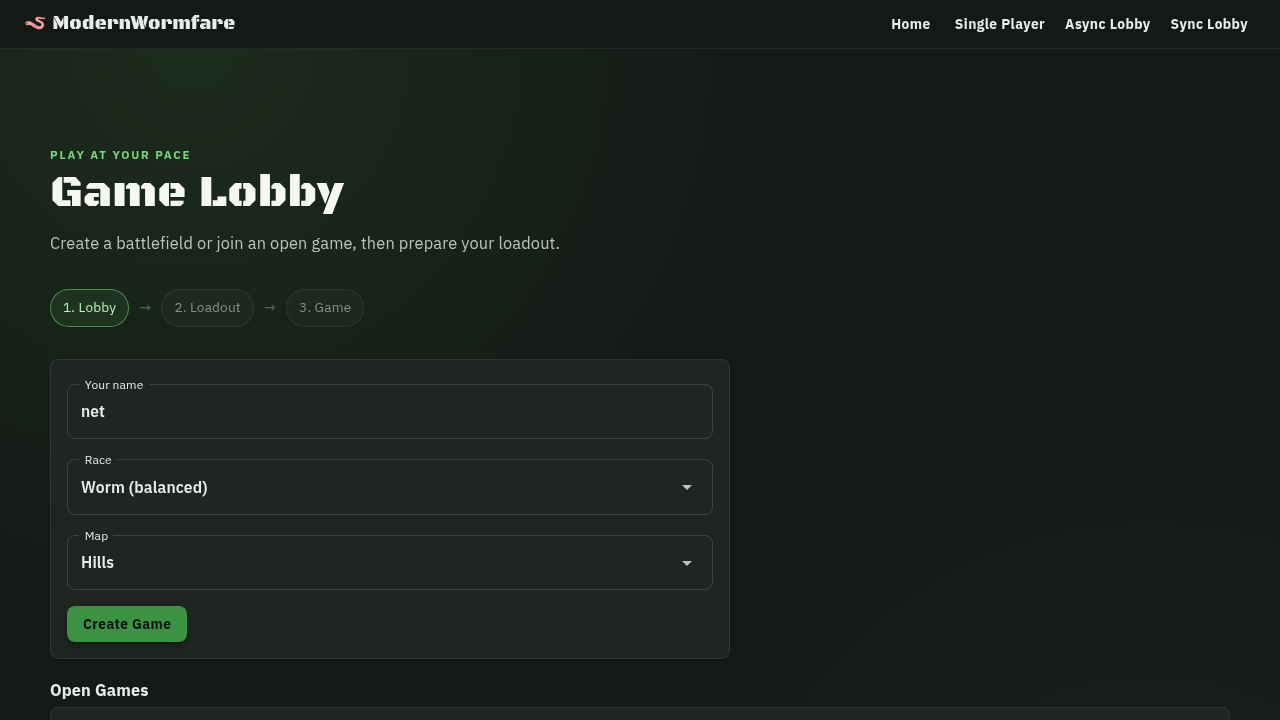 Lobby with game created